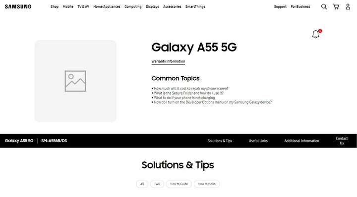 Samsung uk support page Galaxy A55 5G
